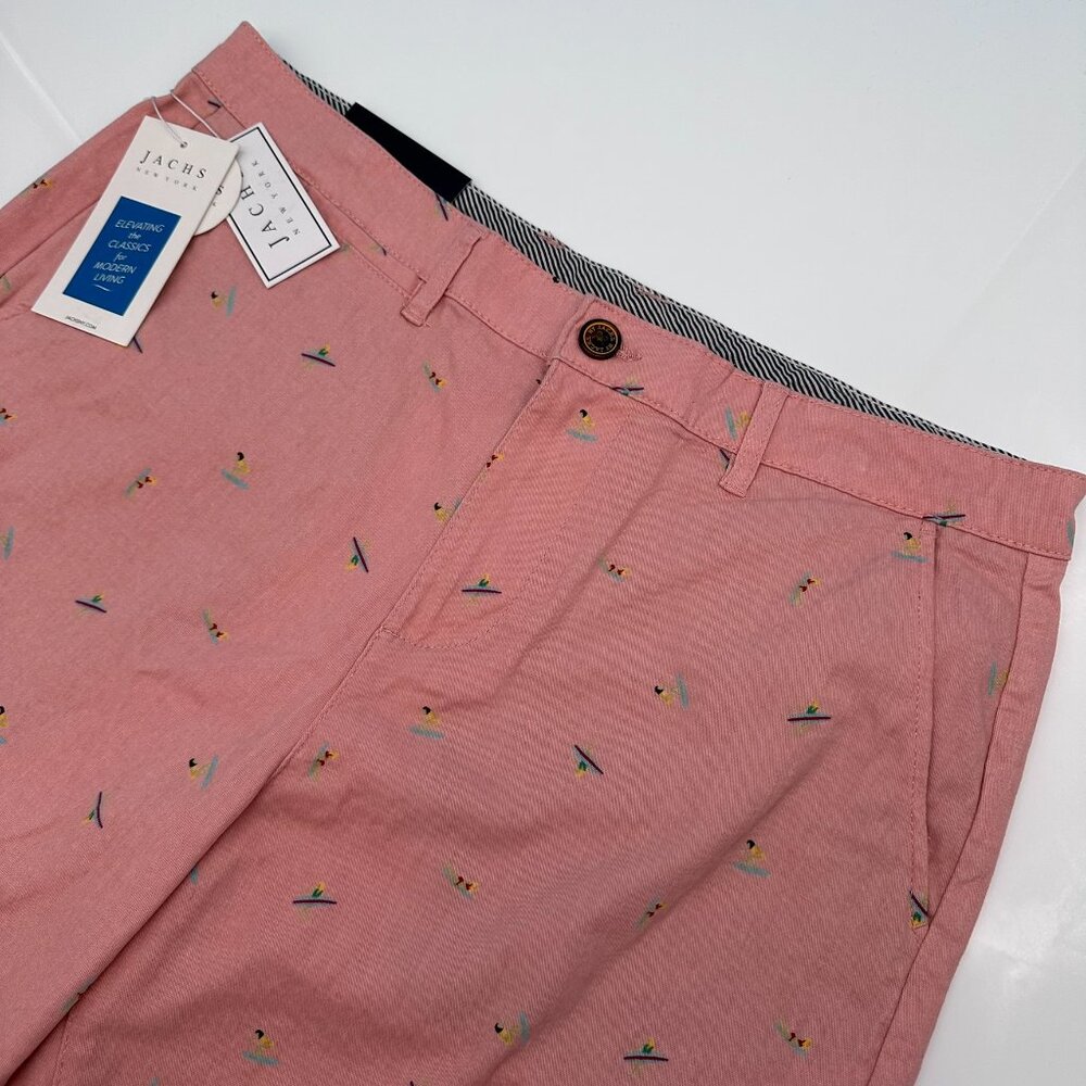 Jachs NY Bleeker Surfboard Surfer Print Stretch Chino Short, Size‎ W33, Salmon